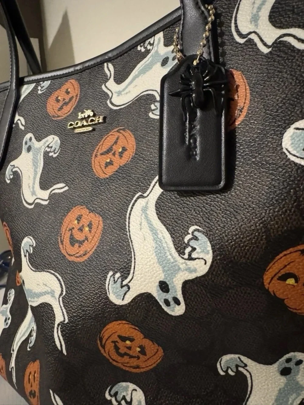 Halloween Ghost & Pumpkin Tote Bag in Black and White - Picture 2 of 4